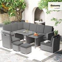 OUTSUNNY 10-Seater Sofa Sectional w/ Cushioned Seat, Footstools & Glass Table in Light Grey