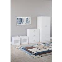 Home Discount Riano 4 Piece Bedroom Set - 1 Drawer Bedside, 5 Drawer Chest, Wardrobe in White