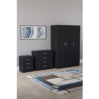 Home Discount Riano 3Pc Bedroom Set - 3 Drawer Bedside, 4 Drawer Chest & Wardrobe in Black
