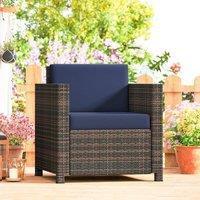 OUTSUNNY Rattan Garden Armchair, Cushioned Single Rattan Chair, Brown/Blue in Navy