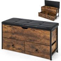 Costway Wooden Storage Ottoman Bench Flip Top Storage Chest w/ 2 Drawers in Brown