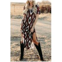 Everyday The Label Women's Red Western Aztec Printed Long T-Shirt Dress | Size: XL