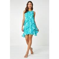 Roman Women's Animal Print Asymmetric Tiered Dress in Turquoise | Size: 20