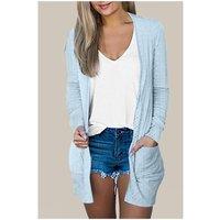Everyday The Label Women's Mist Blue Eyelet Texture Pocketed Open Front Cardigan in Duck Egg Blue | Size: XL