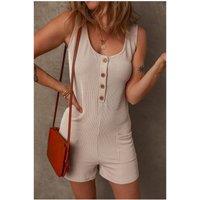 Everyday The Label Women's Parchment Corded Knit Side Pockets Buttoned Sleeveless Romper in Ecru | Size: XL