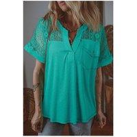 Everyday The Label Women's Sea Green Lace Patchwork Split Neck Textured Short Sleeve Blouse in Teal | Size: Medium