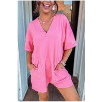 Everyday The Label Women's Bonbon Loose Half Sleeve V Neck Knit Romper in Bright Pink | Size: XL