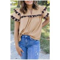 Everyday The Label Women's Smoke Gray Leopard Ruffles Trim Tiered Short Sleeve Blouse in Grey | Size: Small