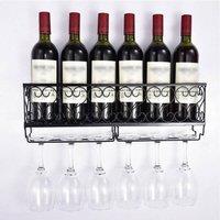 VOGREX Wall Mounted Wine Rack Hanging Glass Holder Metal Stemware Bottle in Black
