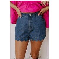 Everyday The Label Women's Sail Blue Scalloped Hemline Acid Wash High Waist Denim Shorts in Mid Blue | Size: 6