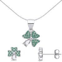 Jewelco London Women's Silver Green Pear CZ Lucky Clover Shamrock Earrings & Pendant Set