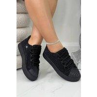 Love Lemonade Women's Crystal Embellished Aura Lace-Up Trainers in Black | Size: 5