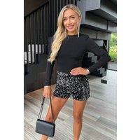 AX Paris Women's Black Velvet Sequin 2 in 1 Long Sleeve Playsuit | Size: 6