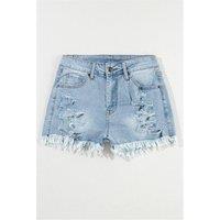 Everyday The Label Women's Light Blue Distressed Ripped Raw Hem High Waist Denim Shorts | Size: 12