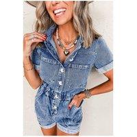 Everyday The Label Women's Dusk Blue Chest Pocket Front Buttoned Folded Edge Denim Short Sleeve in Mid Blue | Size: XL