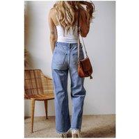 Everyday The Label Women's Ashleigh Blue Distressed Raw Hem Straight Leg High Waist Jeans in Pale Blue | Size: 10