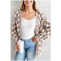 Everyday The Label Women's Brown Checkered Bubble Sleeve Drop Shoulder Open Cardigan | Size: 2XL