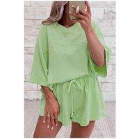 Everyday The Label Women's Meadow Mist Green Solid Loose V Neck Half Sleeve Tee & Shorts in Pale Green | Size: Medium