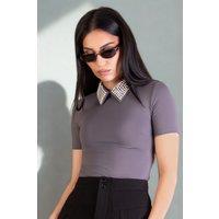 BALOU Women's Pearl Collar Top Steel Grey | Size: 8