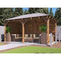 Dunster House Wooden Gazebo Kit with Louvre Wall & Shingles 5m x 3m - Leviathan in Brown