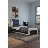 SlumberWorx Galaxy Ottoman Storage LED Headboard Gaming Single Black Bed Frame in White