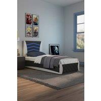 SlumberWorx Galaxy Ottoman Storage LED Headboard Gaming Single Black Bed Frame w 15cm Comfort Foam Mattress in White