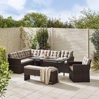 FurnitureboxUK Marbella Textured Grey Rattan Garden Dining Set Grey Cushions 9 Seat Outdoor Sofa, Glass Table Top 145x80cm in Brown | Size: 145x80 cm