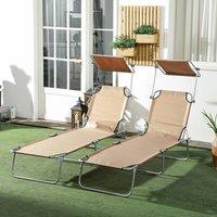 OUTSUNNY Folding Sun Lounger Set of 2 w/ Sunshade Adjustable Backrest in Light Sand