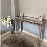 Downton Interiors Silver Embossed Metal Mirrored Glass Console Table - Agadir Range