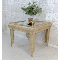 Downton Interiors Light Gold Embossed Metal Mirrored Glass Side Table - Agadir Range | Size: Medium