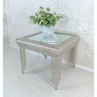Downton Interiors Silver Embossed Metal Mirrored Glass Side Table - Agadir Collection | Size: Medium