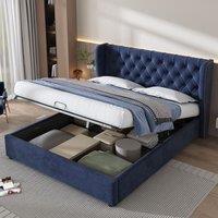 Matteo Luxurious Upholstered Bed with Hydraulic Lever & Storage in Blue | Size: Double