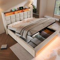 Matteo Double Bed Storage Bed Frame with LED Lighting, USB Type-C in Beige