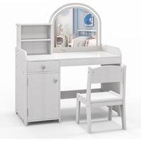 Gymax Vanity Table & Chair Set Makeup Playset with Shelves & LED Light in White