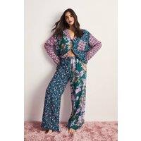 NastyGal Women's Floral Splice Print Trouser Pajama Set in Green | Size: Small