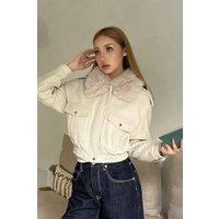 OUTTA BOX Women's Patchwork Teddy Collar Wool-Blend Jacket with Structured Pockets in Beige | Size: Large
