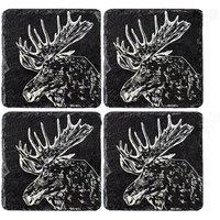 Selbrae House Set Of 4 Slate Coasters With Moose Design. 11Cm X 11Cm Square Coasters. Full Foam Backing in Dark Grey | Size: 4 Pack