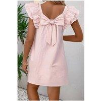 Everyday The Label Women's Light Pink Textured Flutter Sleeve Square Neck Bow Back Mini Dress | Size: Large