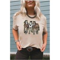 Everyday The Label Women's Khaki Sequin Horses Patched Casual Crewneck T-Shirt | Size: XL