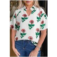 Everyday The Label Women's Beige Floral Print Shirred Split Neck Short Sleeve Blouse | Size: Large