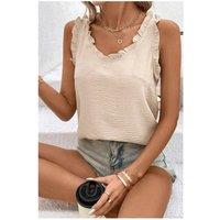 Everyday The Label Women's Parchment Textured Frilly Trim V Neck Sleeveless Top in Ecru | Size: XL