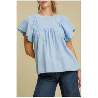Everyday The Label Women's Beau Blue Solid Color Embroidered Scalloped Sleeves Crew Neck Blouse in Pale Blue | Size: Medium