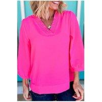 Everyday The Label Women's Bright Pink Frilled V Neckline Bracelet Sleeve Crinkled Blouse | Size: Large