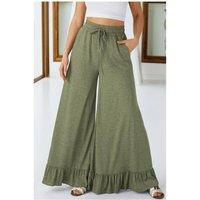 Everyday The Label Women's Jungle Green Ruffled Wide Leg Pull On High Waist Pants with Pockets in Dark Green | Size: 14