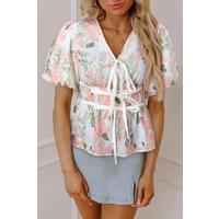 Everyday The Label Women's Pink Floral Puff Sleeve V Neck Tied Front Peplum Blouse | Size: Medium