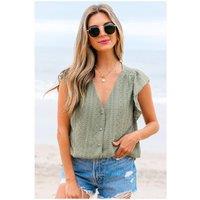 Everyday The Label Women's Laurel Green Flutter Sleeve Lace V Neck Shirt in Pale Green | Size: Small