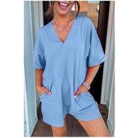 Everyday The Label Women's Myosotis Loose Half Sleeve V Neck Knit Romper in Pale Blue | Size: Large