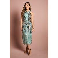Coast Women's High Neck Beaded Column Midi Dress in Teal | Size: 8