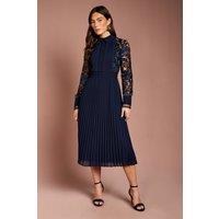 Coast Women's Long Sleeve Lace & Pleated Midi Shirt Dress in Navy | Size: 10