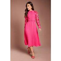 Coast Women's Long Sleeve Lace & Pleated Midi Shirt Dress in Hot Pink | Size: 10